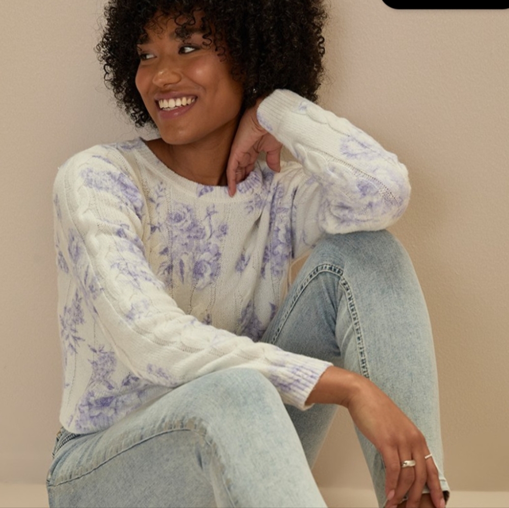 Francesca's Collections Sweater Size M Pullover Mi Ami Cable Knit Floral White